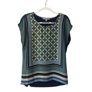Valerie‎ Stevens Blouse Geometric Print Cap Sleeve Top Elegant Career M
